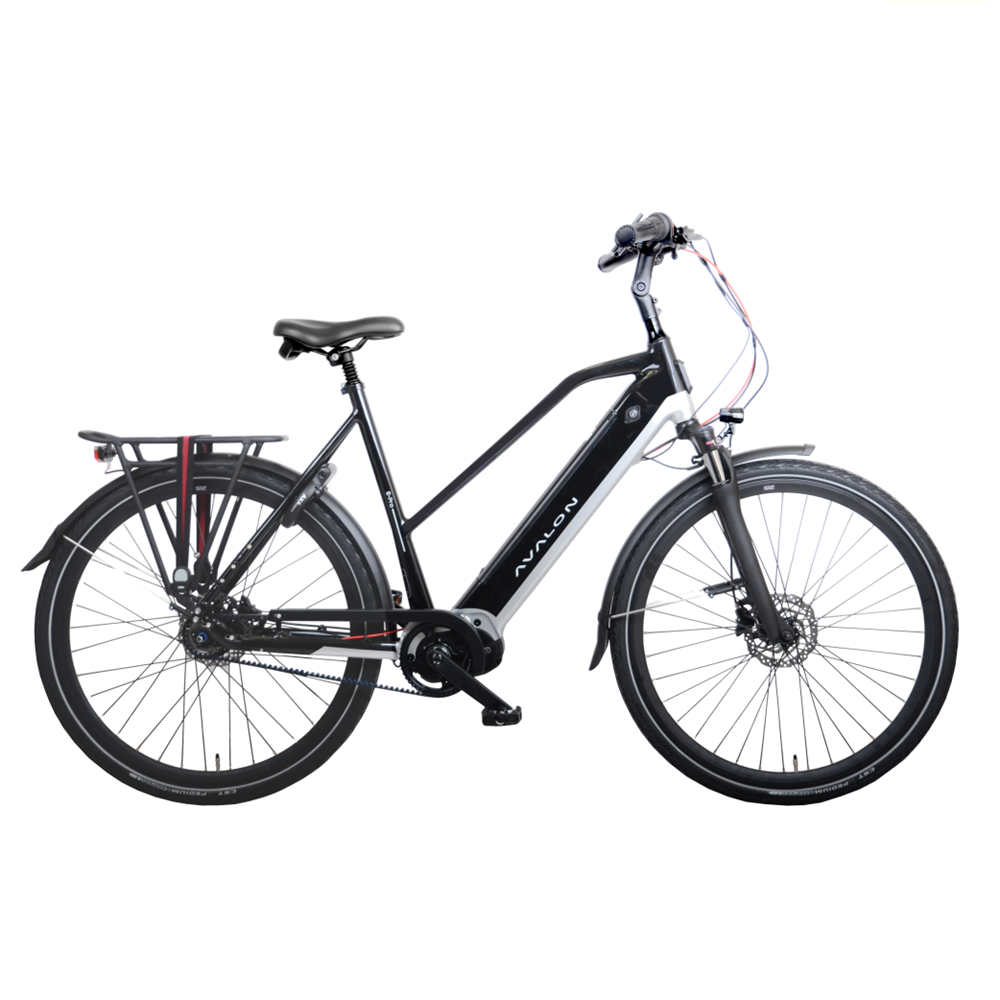 AVALON E-Pro Sport zwart-grijs 58cm met oa; BAFANG M420 Middenmotor met krachtsensor, Gates CDX belt, Axa Defender slot,verende vork , Shimano N8 + hydraulische schijfrem, intube accu (21700 cells), Alu frame, Selle comfort zadel, leren handvatten en dagrijverlichting. [EXCL accu 8013/8014]